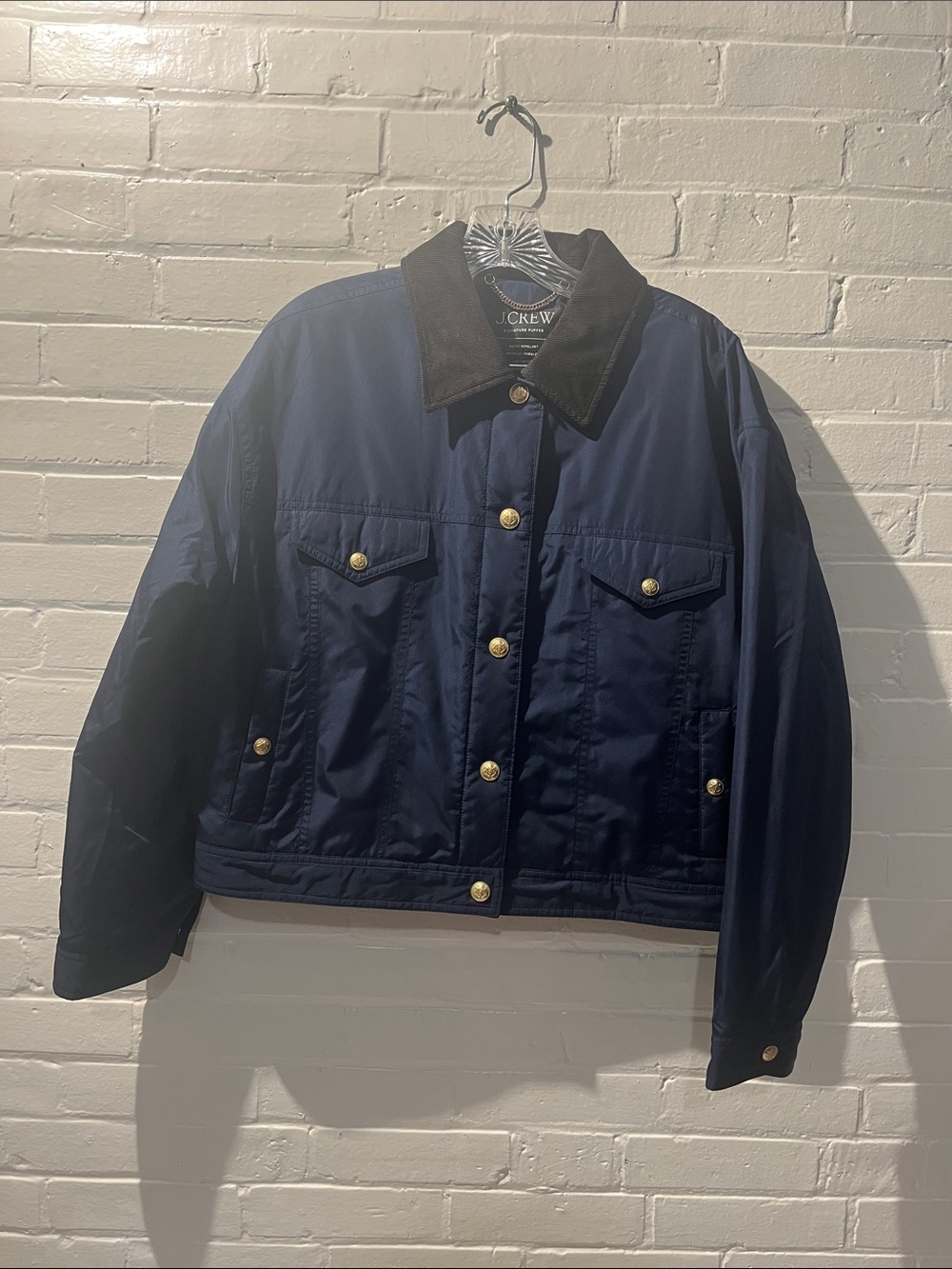 J. Crew Navy Puffer Jacket with Dark Brown Corduroy Collar